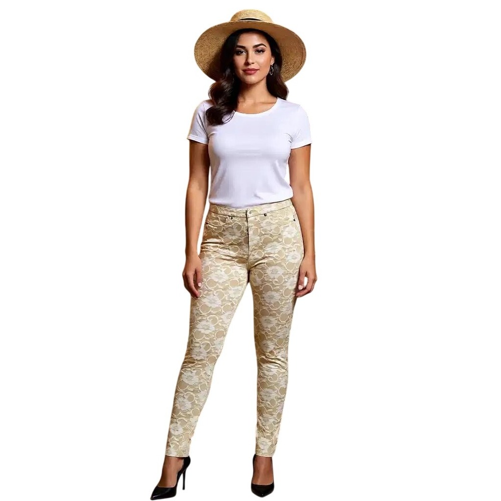 HUE Women Floral Lace Leggings Tan White Waist Skinny Pants Size Med NWT